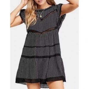 Free People Black White Crochet Insert Trim Retro Kitty Dress
